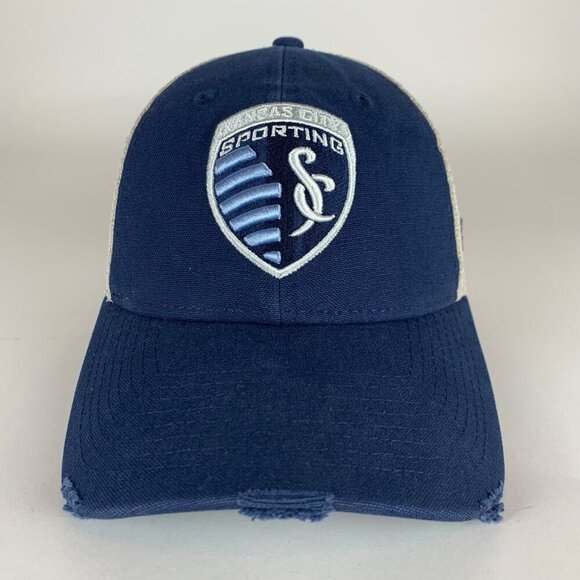 Sporting KC MLS Navy Blue Beige Adidas Relaxed Fit Strapback Hat - Picture 2 of 6